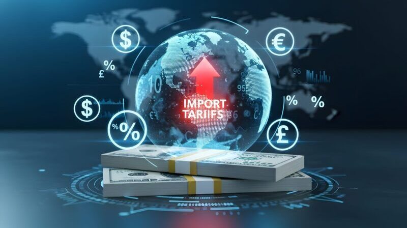 Digital illustration of a globe with "Import Tariffs" text and a rising arrow, surrounded by currency symbols, above a stack of US dollar bills.